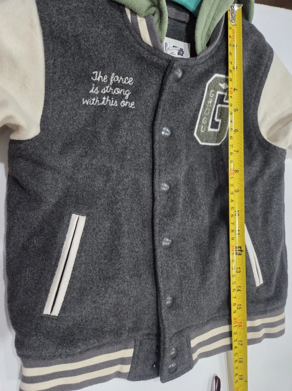 GAP× STAR WARS Kids Varsity Jacket with Green Hood - Grey & Cream sz.5